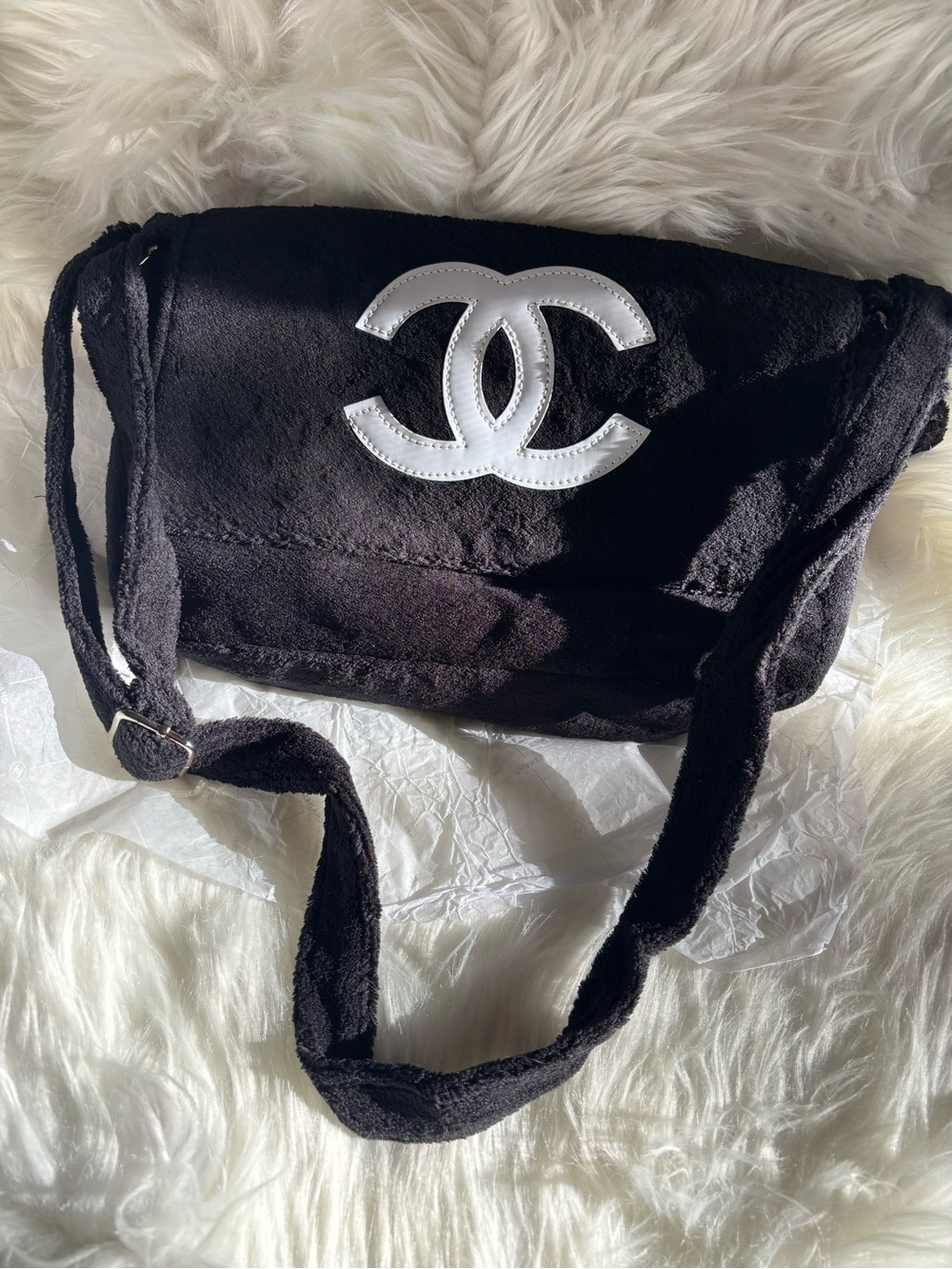 Black and White BEAUTE Plush Shoulder Bag